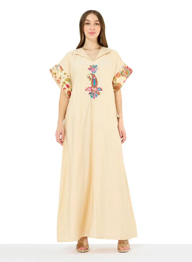 Thouq Beige A-Line Maxi Jalabiya with Colorful Embroidery