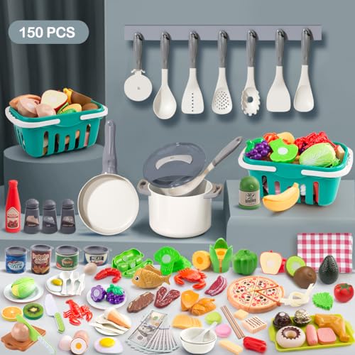 JOKERKING 150Pcs Kitchen Playset Toddlers Pretend Cooking Cookware Accessories Food Picnic Blanket Fruits Veges 2Pack Shopping Storage Basket Dessert and Prop Money Gift for Kids White - Image 5