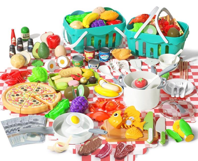 JOKERKING 150Pcs Kitchen Playset Toddlers Pretend Cooking Cookware Accessories Food Picnic Blanket Fruits Veges 2Pack Shopping Storage Basket Dessert and Prop Money Gift for Kids White - Image 3