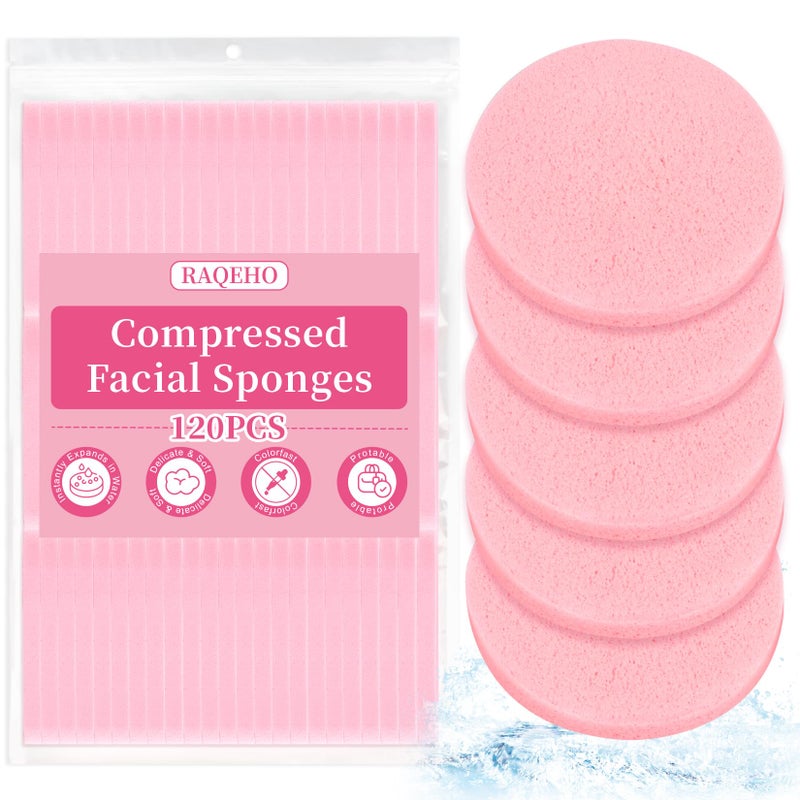 RAQEHO 120pcs Compressed Facial Sponges Round Face Sponge Disposable Travel Facial Cleansing Pads Makeup Sponge for Face Wash Exfoliating Remover Skin Care Beauty Tool Esthetician EssentialPink - Image 3