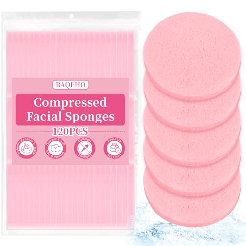 RAQEHO 120pcs Compressed Facial Sponges Round Face Sponge Disposable Travel Facial Cleansing Pads Makeup Sponge for Face Wash Exfoliating Remover Skin Care Beauty Tool Esthetician EssentialPink - Image 1