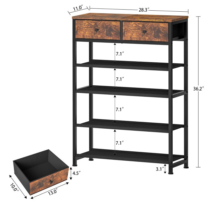 usikey Shoe Rack, 5 Tier Shoe Storage Organizer with 2 Drawers, Metal Shoe Shelf for 12-16 Pairs of Shoes, with 4 Oxford Fabric Shelves and Wooden Top, Shoe Stand for Closet Entryway, Rustic Brown - Image 3