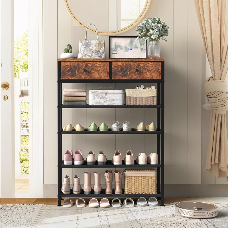 usikey Shoe Rack, 5 Tier Shoe Storage Organizer with 2 Drawers, Metal Shoe Shelf for 12-16 Pairs of Shoes, with 4 Oxford Fabric Shelves and Wooden Top, Shoe Stand for Closet Entryway, Rustic Brown - Image 2