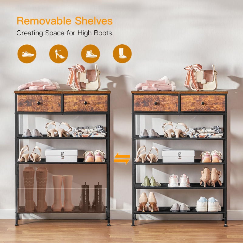 usikey Shoe Rack, 5 Tier Shoe Storage Organizer with 2 Drawers, Metal Shoe Shelf for 12-16 Pairs of Shoes, with 4 Oxford Fabric Shelves and Wooden Top, Shoe Stand for Closet Entryway, Rustic Brown - Image 5