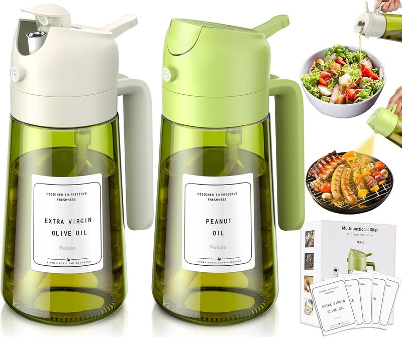Vakoo 2 in 1 Oil Sprayer and Oil Dispenser for Kitchen - 16oz/470ml Light-Blocking Dark Glass Olive Oil Spray Bottle for Cooking, Air Fryer, Salad & BBQ (Green&White) - Image 1