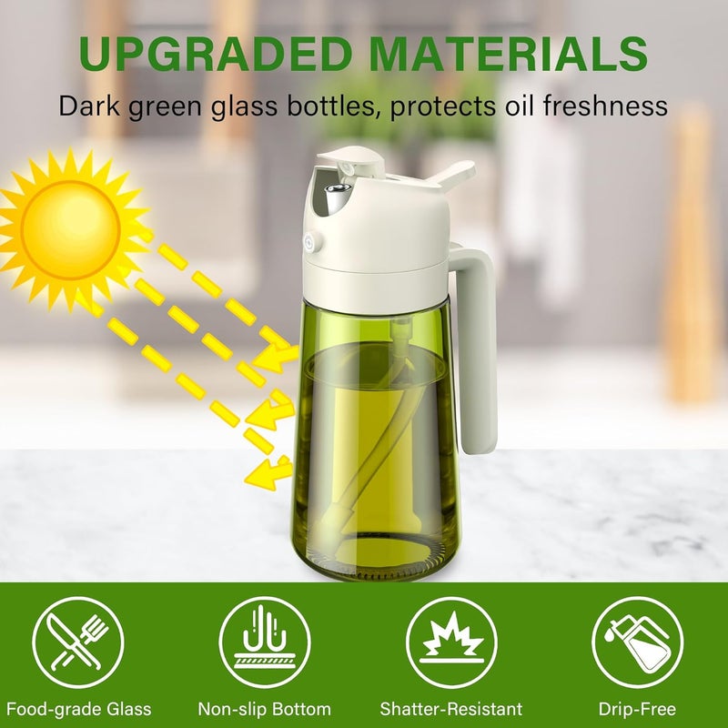 Vakoo 2 in 1 Oil Sprayer and Oil Dispenser for Kitchen - 16oz/470ml Light-Blocking Dark Glass Olive Oil Spray Bottle for Cooking, Air Fryer, Salad & BBQ (Green&White) - Image 2