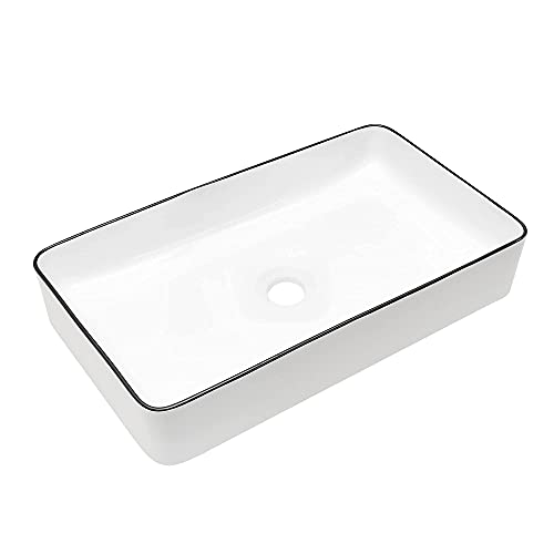 Beslend Rectangular Bathroom Vessel Sink - Beslend 24”x14” White Ceramic with Black Rim Porcelain Vessel Sink Above Counter Sink Modern Art Basin - Image 4