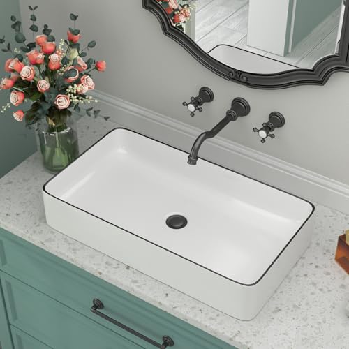 Beslend Rectangular Bathroom Vessel Sink - Beslend 24”x14” White Ceramic with Black Rim Porcelain Vessel Sink Above Counter Sink Modern Art Basin - Image 1