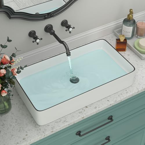Beslend Rectangular Bathroom Vessel Sink - Beslend 24”x14” White Ceramic with Black Rim Porcelain Vessel Sink Above Counter Sink Modern Art Basin - Image 3