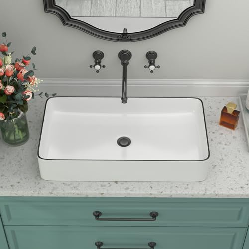 Beslend Rectangular Bathroom Vessel Sink - Beslend 24”x14” White Ceramic with Black Rim Porcelain Vessel Sink Above Counter Sink Modern Art Basin - Image 2