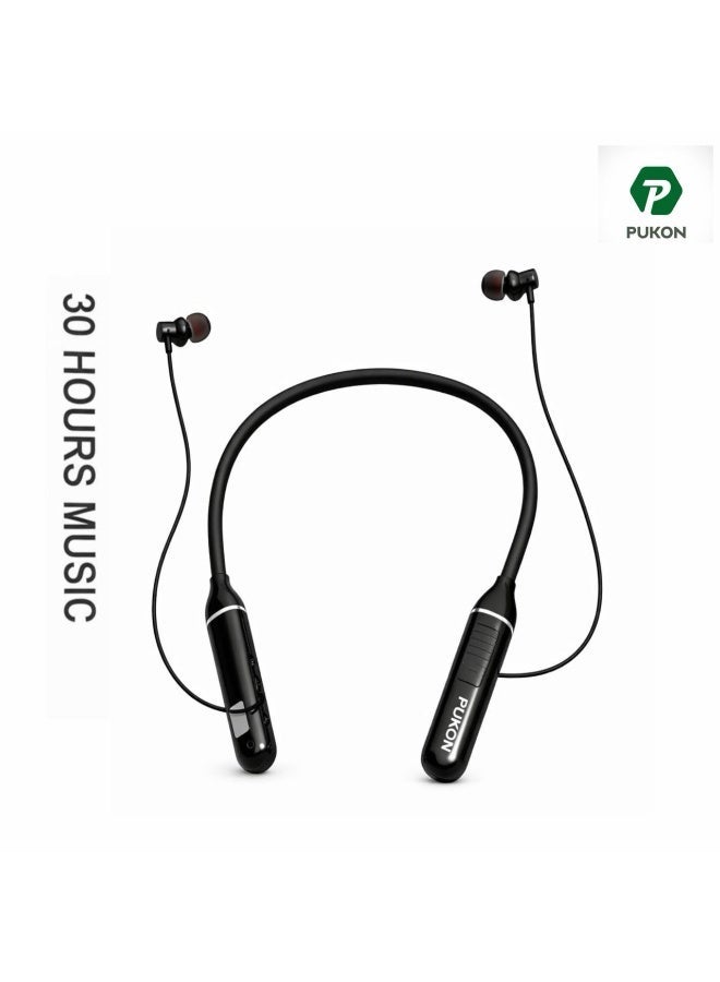 PUKON NB60 Wireless Bluetooth Neckband In-Ear Earphones with 30 Hours Playtime, LED Display, Magnetic Sports Design, SD Card Support, 1 Year Replacement Warranty – Black - Image 1