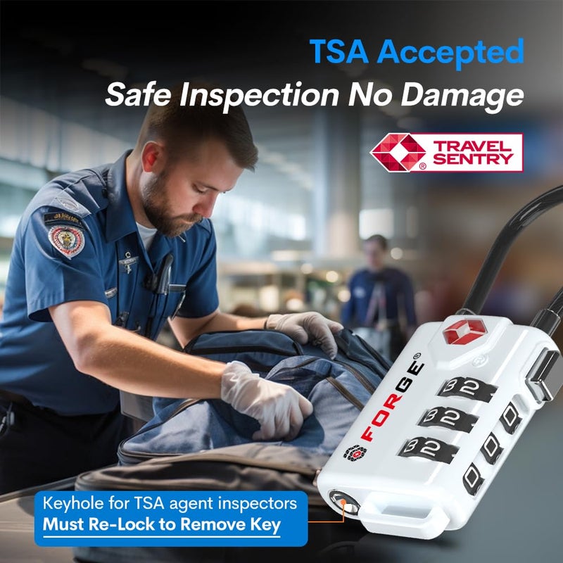 Forge TSA Approved Cable Luggage Locks  Re-settable Combination with Alloy Body (White 4 Locks) - Image 2