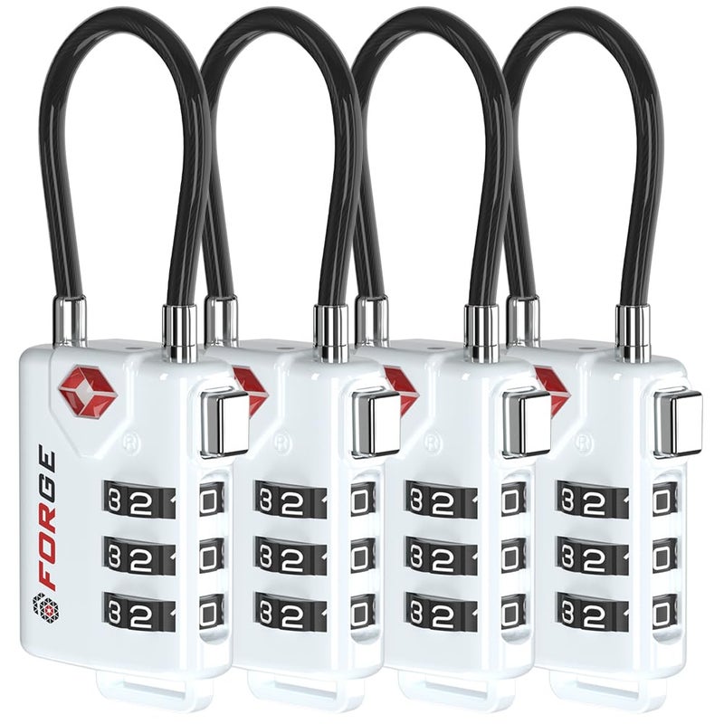 Forge TSA Approved Cable Luggage Locks  Re-settable Combination with Alloy Body (White 4 Locks) - Image 1