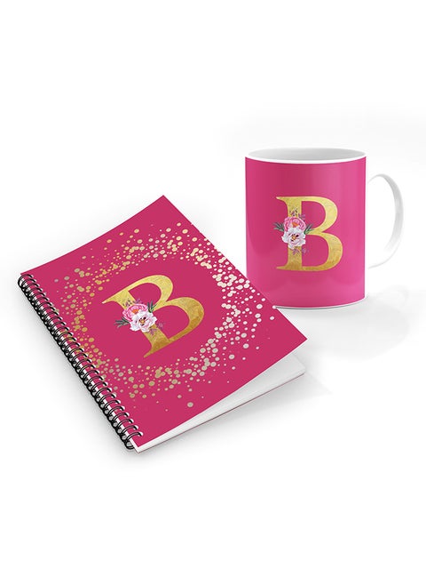 Printed Coffee Mug + A5 Spiral Notebook Memo Personalised Combo Gift Set Custom Monogram Initial Letter Floral Pattern Alphabet -  B (Pink Rose)