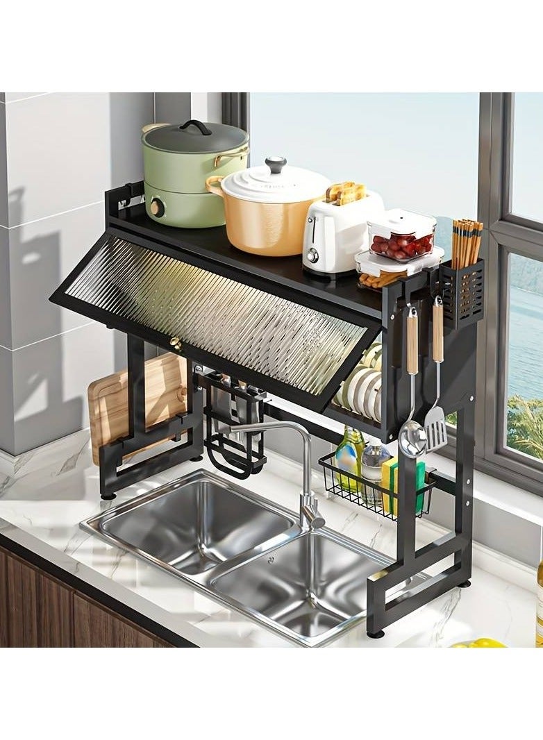 DubaiGallery Kitchen Dish Cabinet Rack Dustproof Drain Rack with Cover Storage Kitchen Organizer Black - Image 2