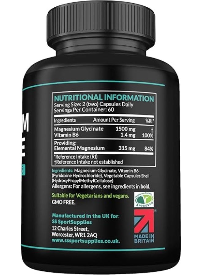 SS Sport Supplies Magnesium Glycinate Supplements 1500mg & Vitamin B6-120 High Strength Capsules - 1500mg of Magnesium Providing 315mg Elemental Magnesium (Bisglycinate) - Pure Active Ingredient - Image 5