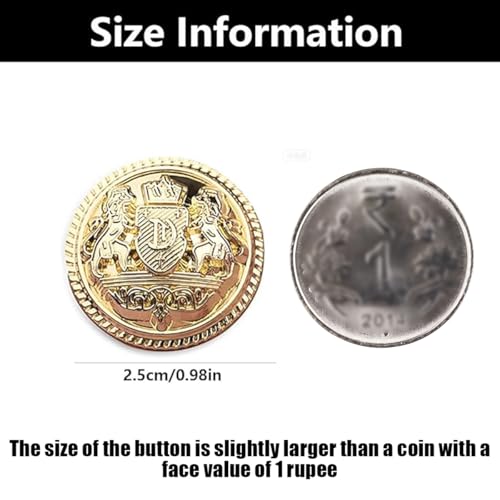 BharatBazaar 10 PCS Button for Clothes, Buttons for Shirts, Gold Metal Blazer Buttons - Round, Medium to Large, Formal Wear, DIY Tailoring & Costume Design - Image 2