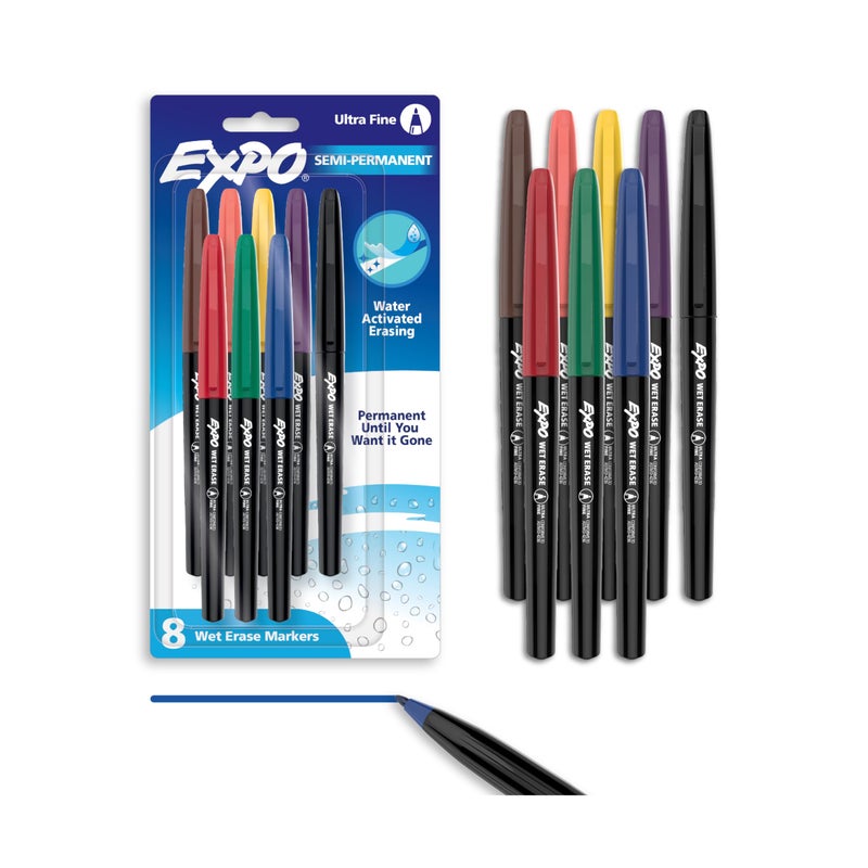 EXPO Wet Erase Markers, Semi-Permanent, Assorted Colors, Ultra Fine Tip, 8 Count - For Writing on Glass, Whiteboards, Mirrors, Calendar, Labeling, Organizing - Image 1