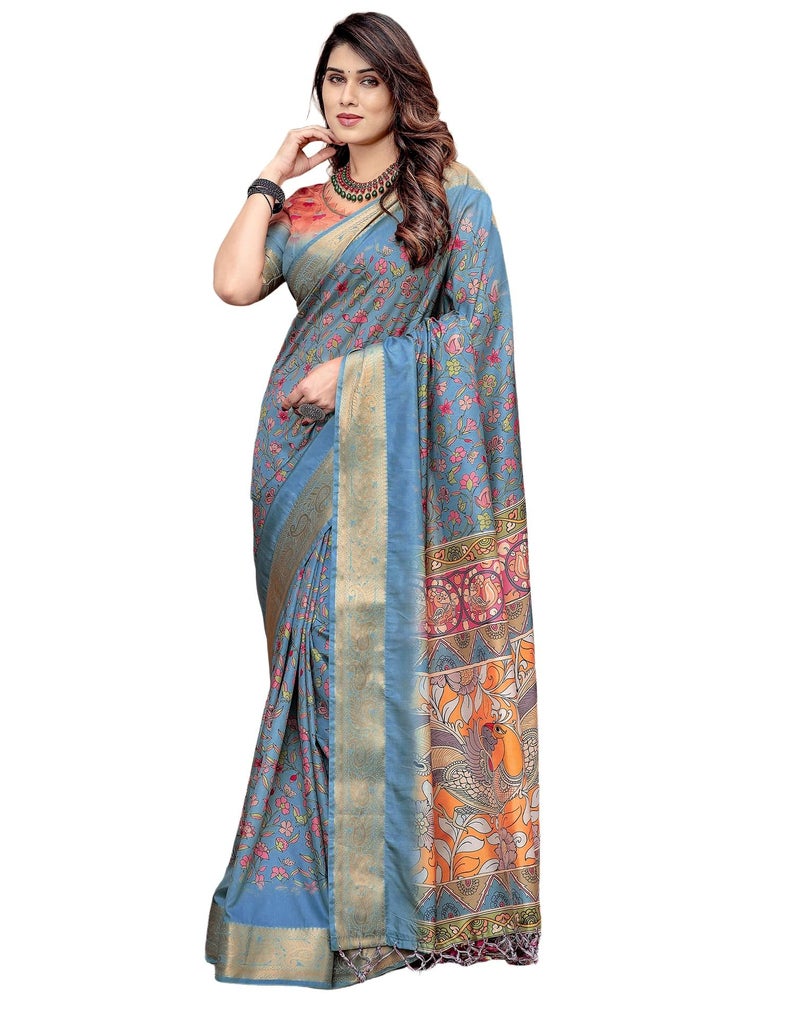 SIRIL Women's Tussar Silk Kalamkari Printed Saree With Unstitched Blouse Piece (4294S266_Dusty Blue & Multi) - Image 1