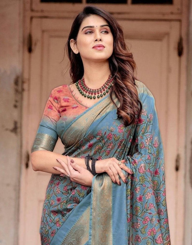SIRIL Women's Tussar Silk Kalamkari Printed Saree With Unstitched Blouse Piece (4294S266_Dusty Blue & Multi) - Image 5