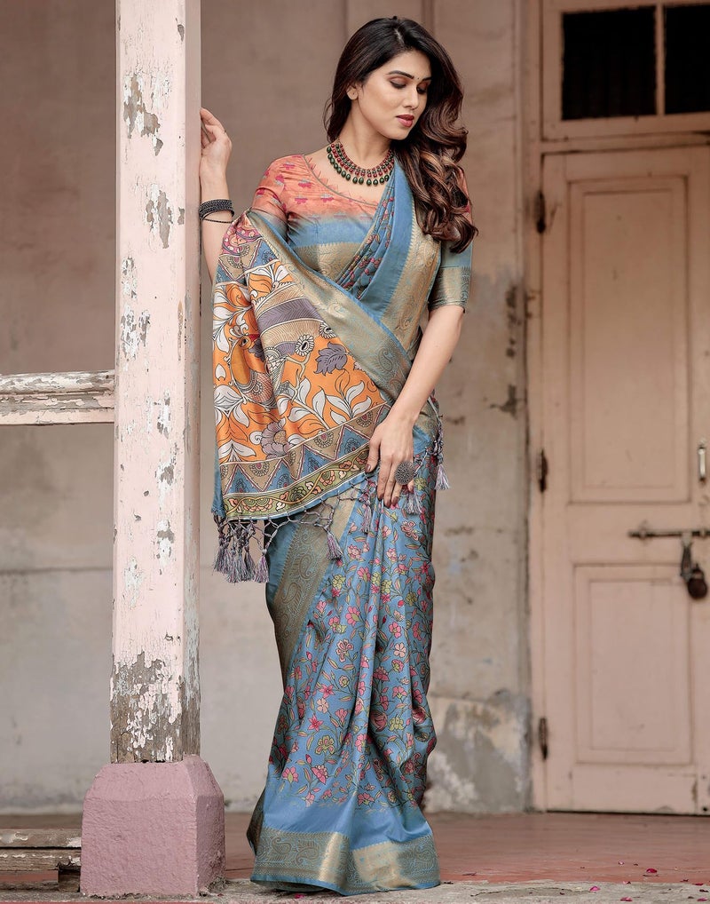 SIRIL Women's Tussar Silk Kalamkari Printed Saree With Unstitched Blouse Piece (4294S266_Dusty Blue & Multi) - Image 3