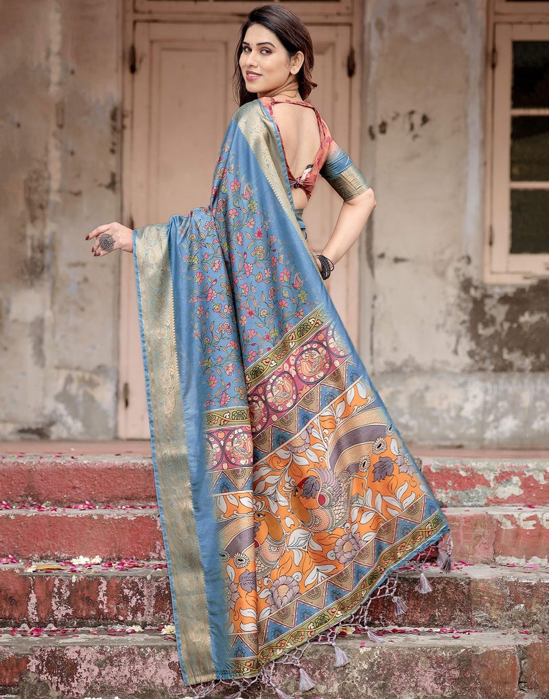 SIRIL Women's Tussar Silk Kalamkari Printed Saree With Unstitched Blouse Piece (4294S266_Dusty Blue & Multi) - Image 2
