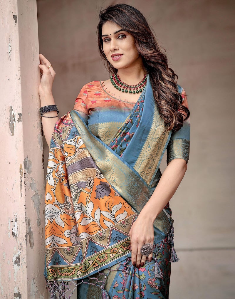 SIRIL Women's Tussar Silk Kalamkari Printed Saree With Unstitched Blouse Piece (4294S266_Dusty Blue & Multi) - Image 4