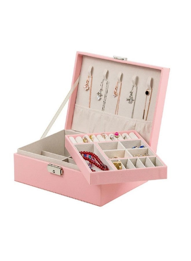 KRESHU PU Leather Double Layer Jewelry Organizer | Women's Makeup Storage Case with Smart Golden Key Lock | Stylish Accessory Box for Necklaces, Bracelets, Earrings (CHEX-PINK) - Image 1