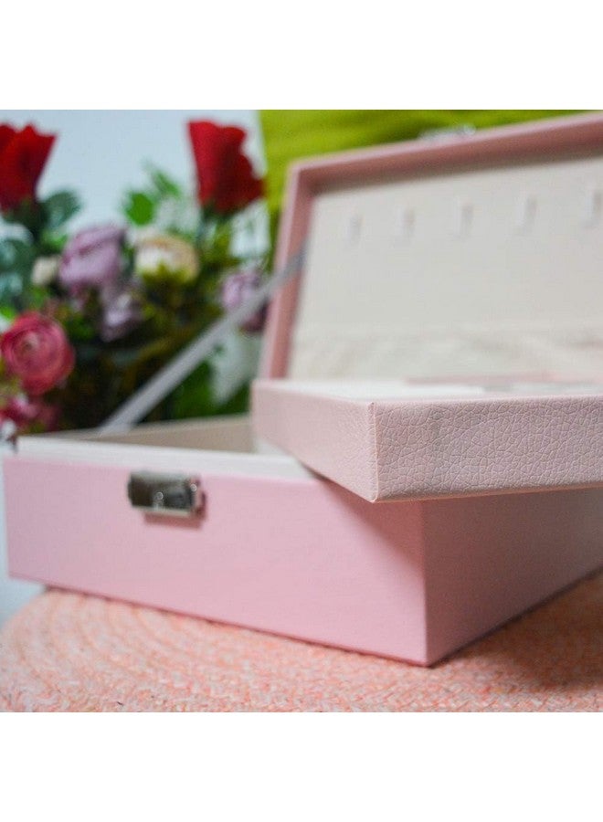 KRESHU PU Leather Double Layer Jewelry Organizer | Women's Makeup Storage Case with Smart Golden Key Lock | Stylish Accessory Box for Necklaces, Bracelets, Earrings (CHEX-PINK) - Image 4