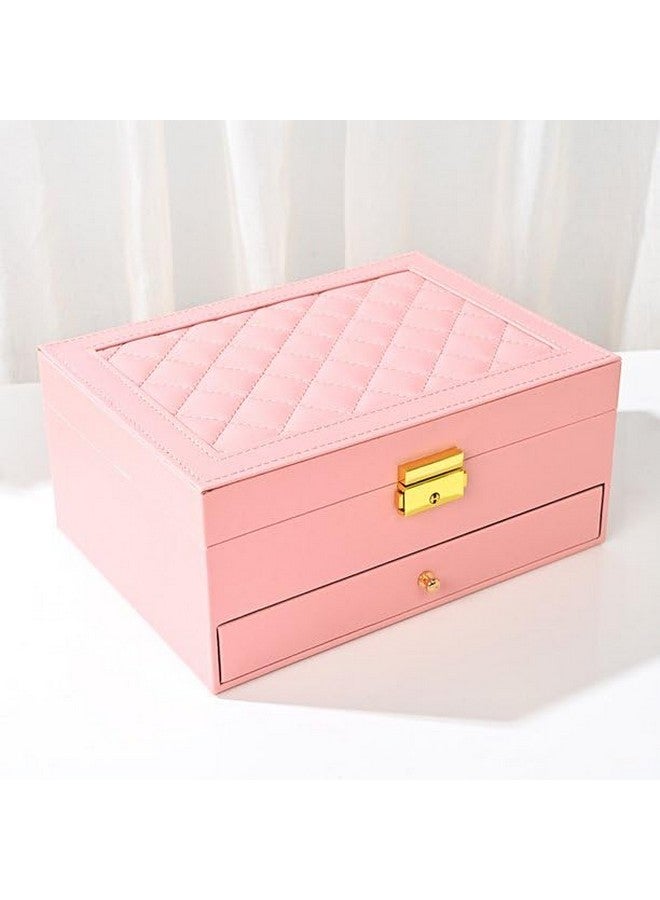 KRESHU PU Leather Double Layer Jewelry Organizer | Women's Makeup Storage Case with Smart Golden Key Lock | Stylish Accessory Box for Necklaces, Bracelets, Earrings (CHEX-PINK) - Image 2