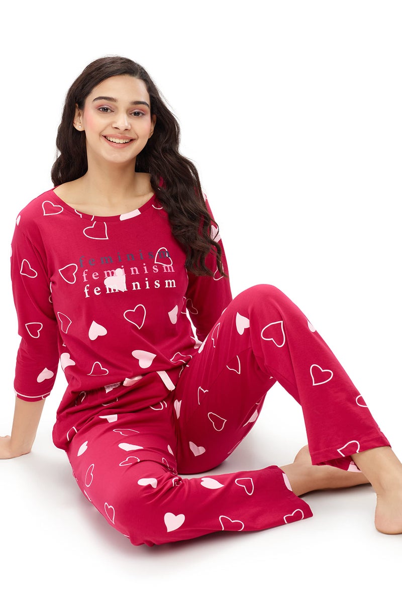 ZEYO Women's Cotton Heart Printed Stylish Night Suit Set of Top & Pyjama 5619 Red - Image 3
