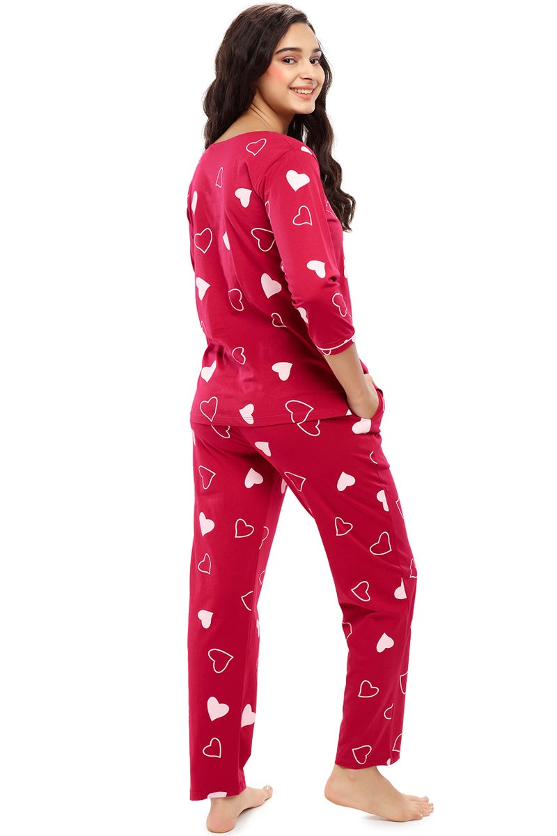 ZEYO Women's Cotton Heart Printed Stylish Night Suit Set of Top & Pyjama 5619 Red - Image 4