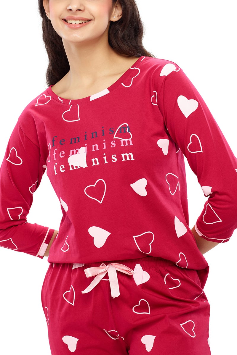 ZEYO Women's Cotton Heart Printed Stylish Night Suit Set of Top & Pyjama 5619 Red - Image 2