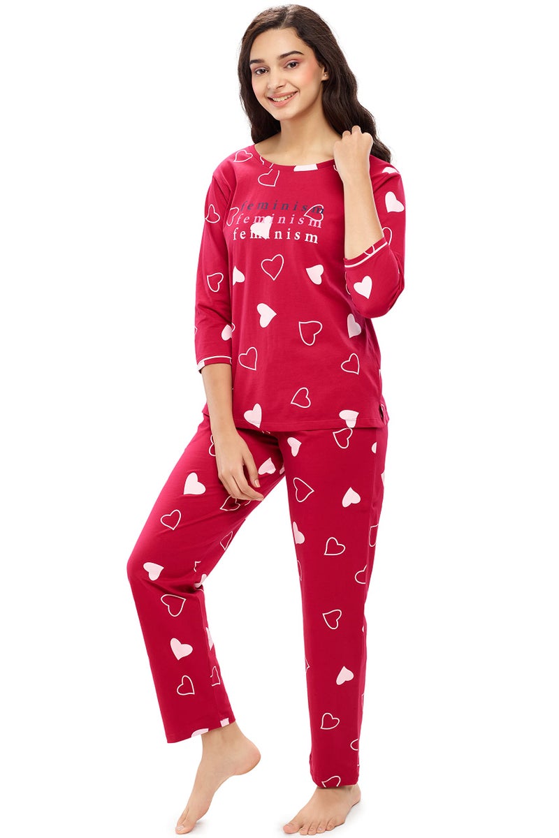 ZEYO Women's Cotton Heart Printed Stylish Night Suit Set of Top & Pyjama 5619 Red - Image 5