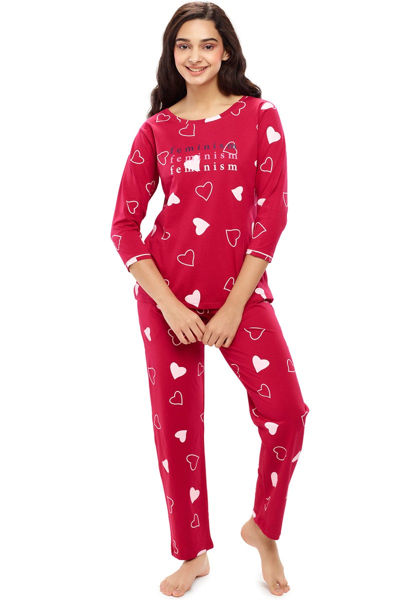 ZEYO Women's Cotton Heart Printed Stylish Night Suit Set of Top & Pyjama 5619 Red - Image 1