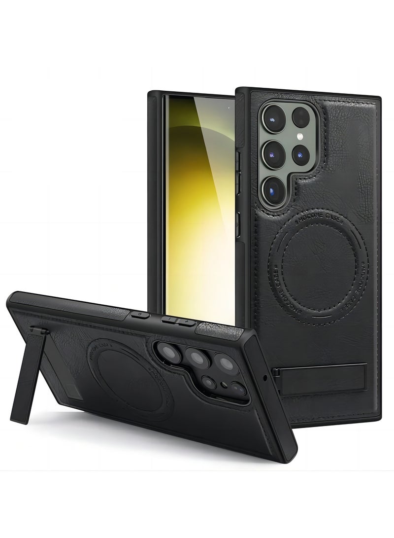 Color Fans For Samsung Galaxy S23 Ultra Magnetic Phone Case Kickstand Leather+TPU + PC Cover - Black - Image 1