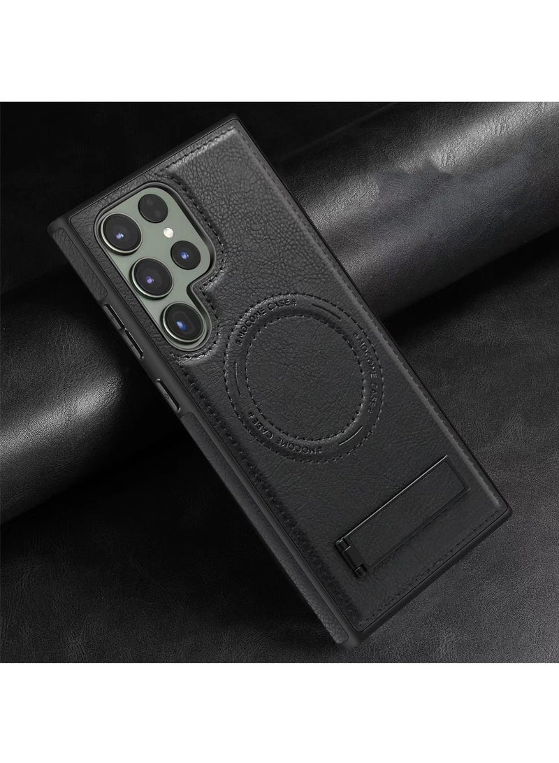 Color Fans For Samsung Galaxy S23 Ultra Magnetic Phone Case Kickstand Leather+TPU + PC Cover - Black - Image 2