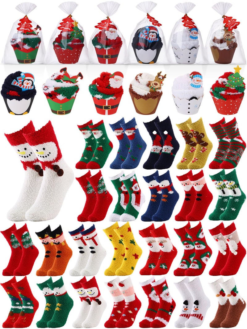 Glitopper 24 Pairs Christmas Cupcake Fuzzy Socks Gift Cartoon Plush Fluffy Slipper Socks Winter Warm Socks for Women Holiday Soft Sleeping Sock for Unisex Adult Coworkers Christmas Gift - Image 2