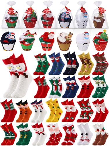 Glitopper 24 Pairs Christmas Cupcake Fuzzy Socks Gift Cartoon Plush Fluffy Slipper Socks Winter Warm Socks for Women Holiday Soft Sleeping Sock for Unisex Adult Coworkers Christmas Gift - Image 1