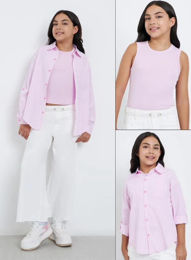 ستايلي Styli Pack of 2 - Girls Pink Striped Shirt and Rib Tank