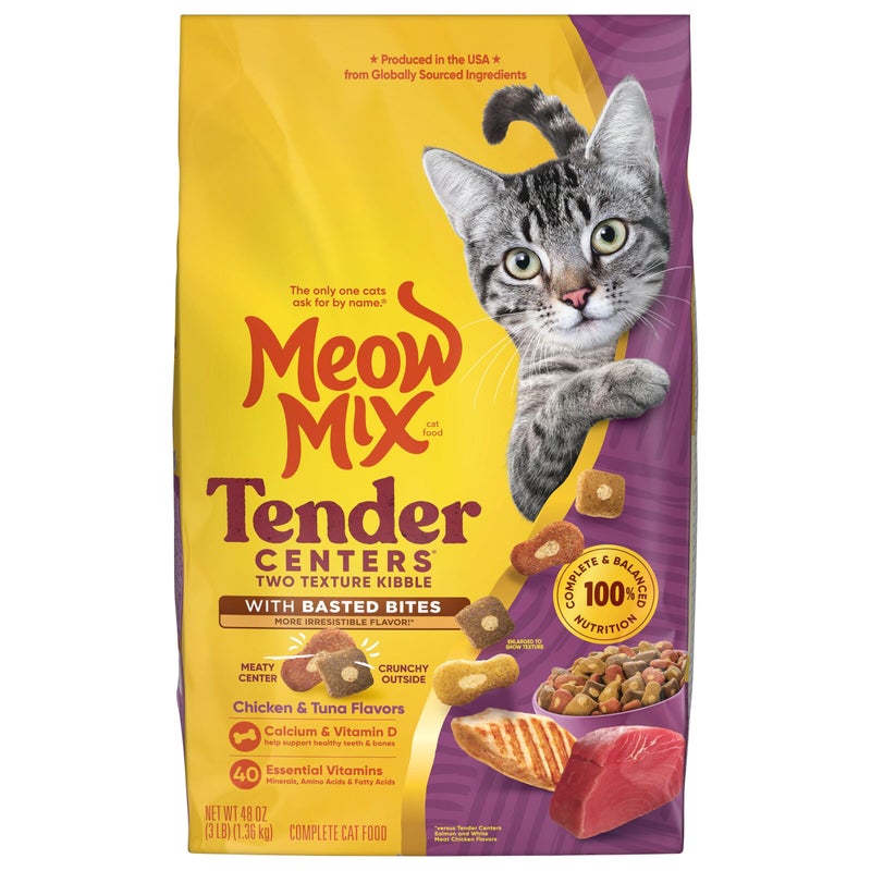 Meow Mix ميواو ميكس مراكز طرية قطع دجاج وتونة، 3 باوند، مقرمش من الخارج ولحم من الداخل - Image 1