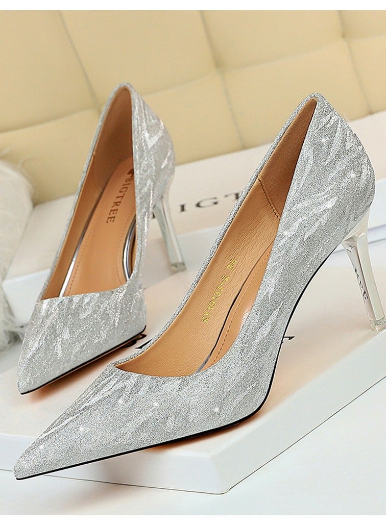 BIGTREE Women's Elegant Sequin Stiletto Pumps 7.5 CM Fashion Gorgeous Closed Pointed Toe Slip On Solid High Heels Silver