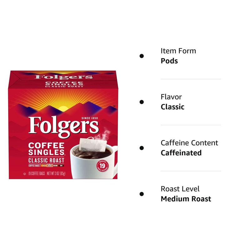 Folgers Coffee Singles Classic Roast Medium Roast Coffee, 19 Count (Pack of 12) - Image 4