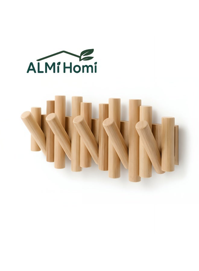 ALMiHomi Creative Design Wall-Mounted Solid Wood Hook Rack – 5 Hooks, No-Drill Installation, Chic & Space-Saving, Perfect for Entryway, Living Room, Bedroom, Kitchen, and Bathroom - Image 1