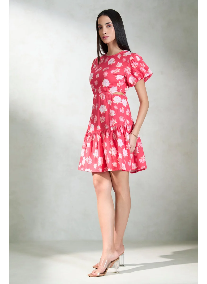 Virgio Virgio Floral Printed Puff Sleeve Smocked Drop-Waist Dress
