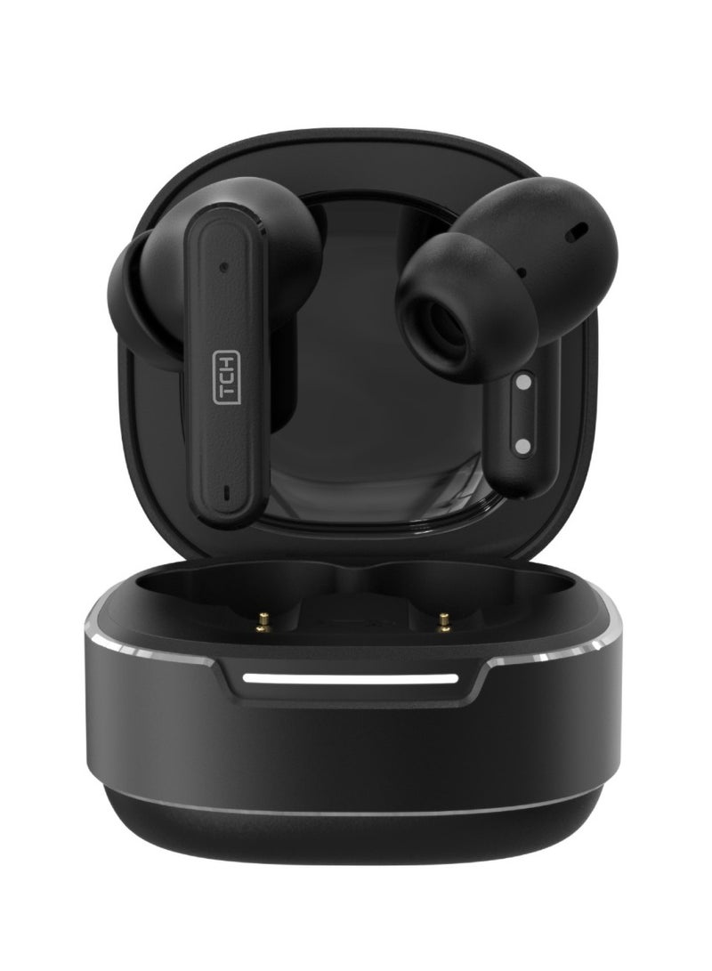 TCH Wireless Earbuds D6 Sound Hunt BLACK Noise Cancellation– Hybrid 6-MIC, ANC+ENC, Bluetooth 5.4, 6H Playtime, HiFi Boom Bass, 10mm Drivers, IPX4 Water Resistant, Touch Controls - Android & IOS - Image 1
