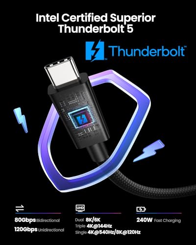 Silkland Intel Certified Thunderbolt 5 Cable 80Gbps, up to 120Gbps Bandwidth for 16K/Dual 8K, 240W, Prime Braided Thunderbolt Cable Compatible for Thunderbolt 4/3, USB4, USB C,SSD,MacBook M4 Pro,3.3FT - Image 2