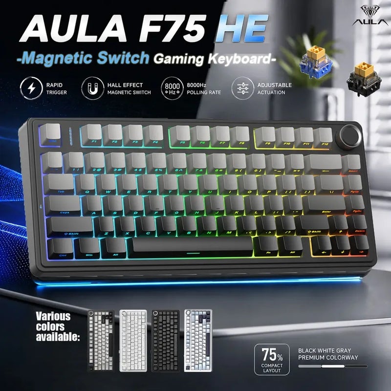 Aula F75 HE Mechanical Keyboard, Magnetic Switch, 75% 80 Keys, 8K Polling Rate, Tri-Mode Wireless, Rgb, Hot Swap - Image 2
