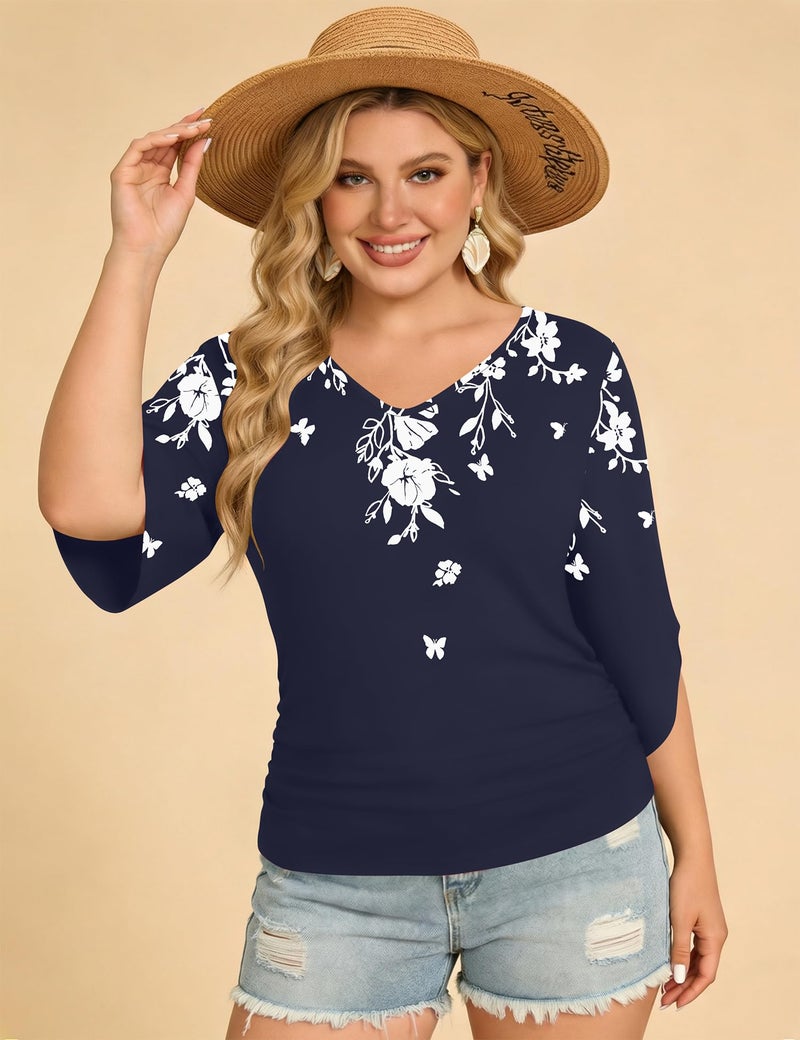 Micoson Women 3/4 Sleeve Tops Vacation Outfits for Women Dress Shirts Work Blouses Fashion Clothing(Blue White Floral, Medium) - Image 5