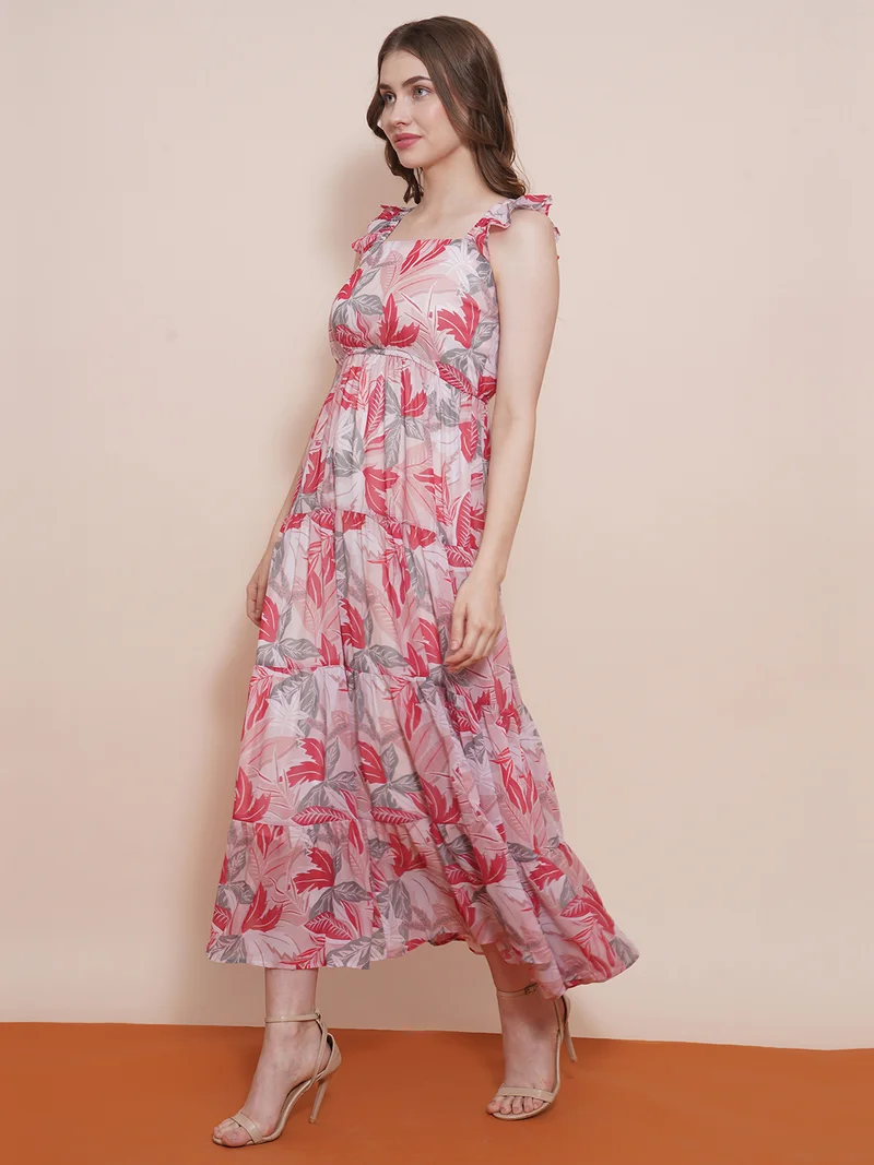 globus Women Square Neck Flutter Sleeves Tropical Printed Tiered Fit & Flare Maxi Dress